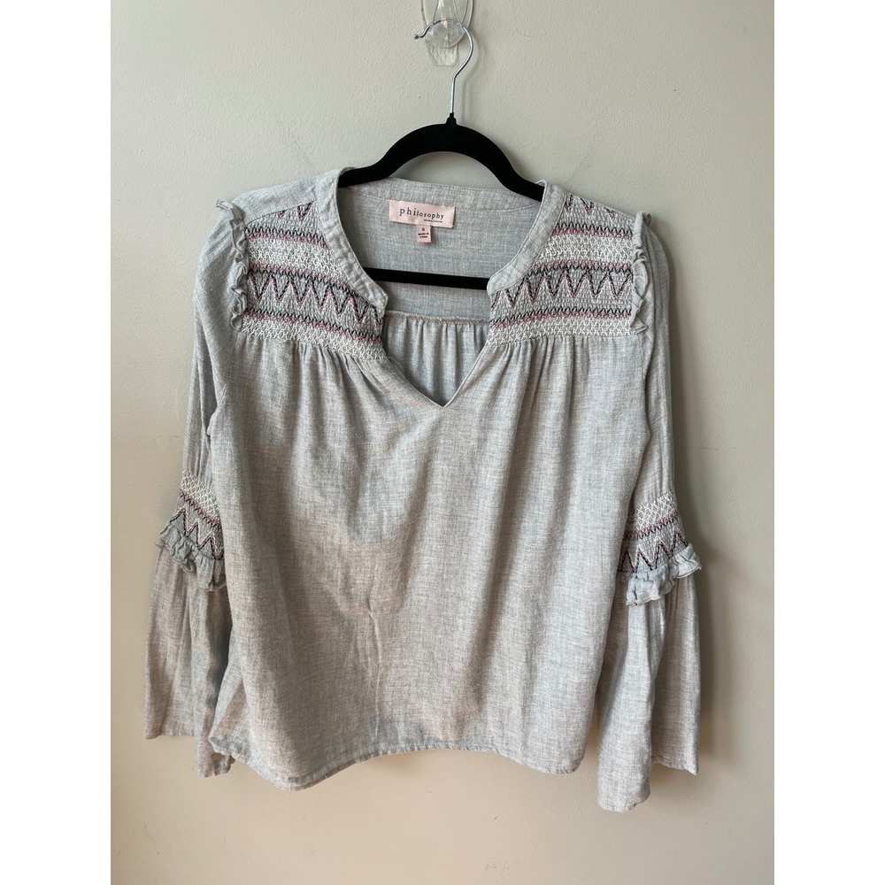 Philosophy Republic Clothing Gray Embroidered Cotton Peasant Blouse comfort boho